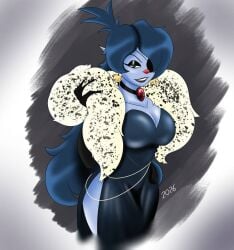 1girls big_breasts blue_eyes blue_hair blue_skin busty cartoon_network dress eyepatch fancy_clothing fancy_dress female fur_scarf hand_on_hip hourglass_figure hourglass_figured_female long_hair miss_valdoom_(villainous) necklace superredlunatic villainous