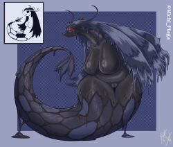 anthro big_breasts black_body blue_background blue_body border breasts eyelashes featureless_breasts female front_view generation_3_pokemon genitals grey_border hi_res huge_breasts michi_plaga milotic nintendo nude pokemon pokemon_(species) red_eyes simple_background solo thick_thighs vulva wide_hips