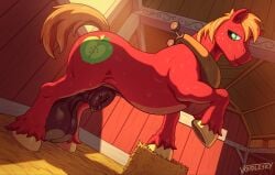 animal_genitalia balls big_balls big_macintosh_(mlp) big_penis big_sheath bodily_fluids equid equine feral friendship_is_magic fur genitals hasbro hi_res horse huge_balls huge_sheath lemon_testicles male mammal my_little_pony penis red_body red_fur saggy_balls sheath smile stable sweat voidlesky