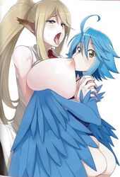 absurd_res areola ass avian big_breasts blonde_hair blue_eyes blue_feathers blue_hair blush breast_sucking breasts centaur centorea_shianus clothing duo equine equine_taur feathers female hair harpy hi_res huge_breasts lesbian long_hair looking_at_viewer mammal monster_girl monster_musume_no_iru_nichijou necktie nipple_suck nipples open_mouth papi_(monster_musume) shirt short_hair sucking taur tongue tongue_out