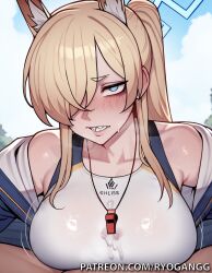 1female 1girls 2d 2d_(artwork) ai_generated alternate_costume animal_ear_fluff animal_ears blonde_hair blue_archive blue_eyes dog_ears female hair_over_one_eye high_ponytail high_resolution highres kanna_(blue_archive) kanna_(swimsuit)_(blue_archive) large_ass large_breasts large_tits light-skinned_female light_skin long_hair official_alternate_costume one-piece_swimsuit patreon patreon_username pool poolside ryogangg swimsuit swimwear titjob touching_breast