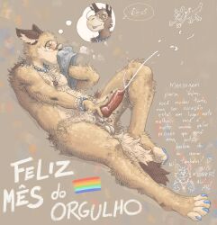 absurd_res animal_genitalia animal_penis anthro balls biped bodily_fluids canid canine canine_genitalia canine_penis canis claws clothing cum cumshot ejaculation erection eyewear fur genital_fluids genitals glasses hi_res knot lgbt_pride lgbt_pride_month male mammal masturbation penile penile_masturbation penis portuguese_text pride_colors pride_month rainbow_pride_colors sniffing sniffing_clothes sniffing_while_masturbating solo tail text tuskito underwear underwear_sniffing vein veiny_penis wolf