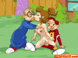 alvin alvin_and_the_chipmunks alvin_seville anthro backyard balls black_eyes breasts brown_hair bulge chipmunk closed_eyes clothed clothing cum english_text erection eyewear female footwear glasses group hair jeanette_miller kissing male mammal navel nipples nude penetration penis plant rodent shoes shrub straight text unknown_artist url vaginal_penetration window