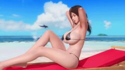 3d animated barely_clothed barely_contained barely_contained_breasts beach bikini breasts brown_hair dead_or_alive dead_or_alive_5 doahdm gravure_studio huge_breasts long_hair public sayuri_(dead_or_alive) sideboob sunbathing tiny_bikini