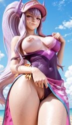 ai_generated breasts exposed_pussy exposing exposing_self kizuru large_breasts league_of_legends league_of_legends:_wild_rift one_breast_out pool_party_syndra pulling_clothing pulling_panties pussy shaved_pussy syndra thick_thighs thighs