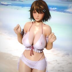 3d areolae barely_clothed barely_contained bent_wrist bikini brown_hair dead_or_alive dead_or_alive_5 doahdm gravure_studio huge_breasts nipples nipples_visible_through_clothing see-through see-through_clothes see-through_clothing short_hair tsukushi_(doa)