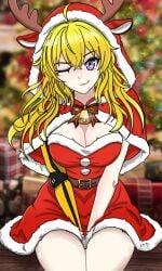 1girls blonde_female blonde_hair christmas christmas_clothing christmas_outfit cleavage long_hair long_hair_female purple_eyes radiofreekrieg robotic_arm rwby yang_xiao_long