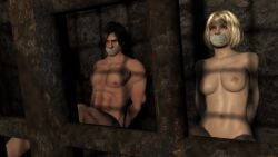 1boy 1girls 3d 3d_(artwork) angry angry_expression angry_face ashley_graham ashley_graham_(ella_freya) blonde_female blonde_hair bondage boobs both_sexes_in_same_situation bound breasts captive captured captured_female captured_male cell dungeon ella_freya fully_naked fully_nude hands_behind_back kidnapped leon_scott_kennedy prison prison_cell prisoner resident_evil resident_evil_4_remake sfm socartos source_filmmaker tape tape_bondage tape_gag taped_mouth tits
