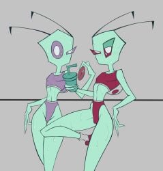 2022 2_fingers 2boys alien alien_humanoid almighty_tallest_purple almighty_tallest_red antennae_(anatomy) blush blushing bottomwear cameltoe clothed clothing crop_top crossdressing dessert digital_drawing_(artwork) digital_media_(artwork) doughnut duo femboy feminine_male fingers food footwear girly green_body green_skin grey_background hi_res holding_beverage holding_food holding_object humanoid invader_zim irken leaning_against_wall leaning_back lewdofdoom looking_at_viewer male male_only midriff narrowed_eyes nickelodeon outtabellets pak panties pastry portrait purple_clothing purple_eyes raised_eyebrow red_clothing red_eyes revealing_clothes shirt shoes simple_background skimpy slim slim_male small_waist soda sports_bra sportswear standing sweat sweatdrop sweating the_almighty_tallest three-quarter_portrait topwear underwear wide_hips