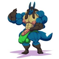 anthro balls bara barazoku bobert bulge flaccid flexing hyper hyper_balls hyper_penis lucario male male_only muscles muscular nintendo penis pokemon solo solo_male