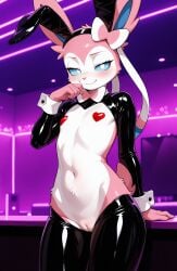 1girls 2026 ai_generated anthro blue_eyes blushing bunnysuit club eeveelution fake_animal_ears female female_only flat_chest generation_6_pokemon half-closed_eyes heart_pasties hi_res indoors innie_pussy neon_lights nintendo pasties pink_fur pokemon pokemon_(species) pussy reverse_bunnysuit seductive seductive_eyes seductive_look seductive_smile smile sylveon white_fur zonoya_(artist)
