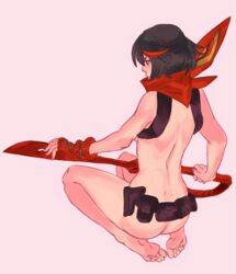 alternate_costume armpit_holster ass bare_back barefoot belt black_hair butt_crack dragonaer123 feet female from_behind functionally_nude functionally_nude_female holster kill_la_kill matoi_ryuuko mostly_nude multicolored_hair nude nudist_beach_uniform scarf scissor_blade senketsu short_hair single_glove sitting solo streaked_hair tactical_nudity toes utility_belt weapon