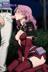 1girl ai_assisted ai_generated anime_coloring big_butt black_capelet black_clover black_garter_straps blowjob blue_shirt blush capelet center_opening cleavage clothed clothing couple deep_throat earrings elbow_gloves fellatio female from_side girl girly green_eyes kneeling long_hair night oral outdoors pink_hair pose purple_eyes red_corset red_elbow_gloves red_skirt short_hair skirt small_breasts solo spreading_legs squating standing sucking_penis vanessa vanessa_enoteca white_leggings whore younger_female