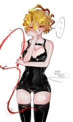 ... 1girls artist_signature big_breasts bloodfiend blush blush_lines blushing blushing_female breasts female hair hand_covering_mouth jukimeowymeow limbus_company project_moon red_eyes sancho_(limbus_company) whip white_background yellow_hair