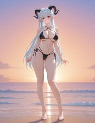 ai_generated bikini black_bikini boobs breasts demon_girl female halterneck horns multi-strapped_bikini red_eyes roselynn_rosenthal sexy silver_hair string_bikini tits white_hair