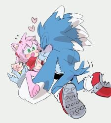 amy_rose blue_fur blush blushing cleats convenient_censoring excited_female eyes_closed green_eyes happy_female lifting_shirt m_ajcoco pink_fur size_difference sonic_(series) sonic_the_hedgehog sonic_the_hedgehog_(series) sonic_the_werehog sonic_unleashed spiked_shoes tailwag wagging_tail werecreature werehog