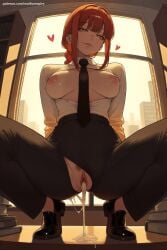 1girl ai_generated bangs black_neckwear black_pants blush braid braided_ponytail breasts chainsaw_man collared_shirt formal heart hi_res high_quality high_resolution looking_at_viewer makima_(chainsaw_man) medium_breasts medium_hair necktie nipples no_bra office_lady open_shirt pants patreon pussy ringed_eyes seductive sexy shirt smile solo spread_legs squatting suit torn_clothes uncensored watermark white_shirt
