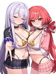 2girls absurdres ak-12_(girls'_frontline) animal_print areola_slip bikini black_jacket blush carcano_m1891_(girls'_frontline) closed_eyes collar commentary english_commentary girls'_frontline girls'_frontline_2:_exilium green_eyes grey_hair gyaru hand_on_another's_stomach highres jacket koleda_(girls'_frontline_2) leopard_print long_hair miniskirt multiple_girls nabiyan open_clothes open_jacket pink_hair pink_jacket shirt skirt swimsuit tied_shirt v white_background