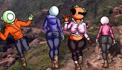 1boy 3girls 3girls1boy amy_(chetoh) ass bald bald_female bald_male big_ass big_ass_(female) black_eyes boots chetoh clothed clothed_female clothed_male concerned_look craig_(chetoh) egg falling green_body height_difference hiking hiking_boots jacket leaf leaf_hair leah_(chetoh) mandy_(chetoh) oc orange_body original original_character original_characters photo_background rear_view smile smiling smiling_at_viewer waving waving_at_viewer white_body wink winking_at_viewer
