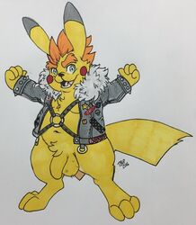 1boy anthro balls barefoot celestial clothed clothing digitigrade flaccid grin harness jacket leather leather_jacket looking_at_viewer male male_only mammal navel nintendo open_clothes open_mouth open_shirt penis pikachu pokémon_(species) pokemon pubes raised_arm rodent shirt slightly_chubby smile solo spikes uncut video_games