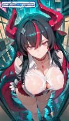 1girls 2026 ai_assisted ai_generated anime black_hair boobs bookshelf breasts bust hi_res high_quality high_resolution highres horns long_hair multicolored_hair neverness_to_everness patreon patreon_username red_eyes see-through shinku shinku_(neverness_to_everness) skypassion stable_diffusion tail thighhighs tits watermark wet wet_clothes wet_shirt