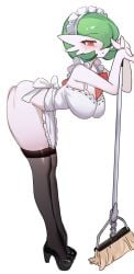 1girls against_wall apron apron_only arched_back ass big_ass big_breasts blush blushing bottomless breasts busty chunniwa cleavage female female_only gardevoir green_hair heels high_heels huge_ass huge_breasts large_ass leaning_forward looking_at_viewer maid maid_headdress no_panties pelvic_curtain pokemon pokemon_(species) red_eyes short_hair slim_waist solo solo_female standing stockings thick thick_thighs thighhighs thighs voluptuous voluptuous_female white_background white_body