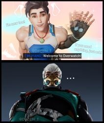 2boys 3d athletic athletic_male black_hair clothed clothed_male colorful_background decchi_t ear_piercing earrings english english_text fingerless_gloves gloves instant_loss kawano_mizuki light-skinned_male light_skin long_hair male male/male male_only mizuki_(overwatch) mizuki_kawano multiple_images muscular_arms necklace overwatch overwatch_2 page_1 short_hair silver_hair simple_background solid_color_background text wuyang wuyang_ye yaoi