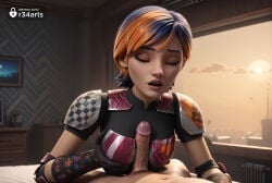 1boy 1boy1girl 1girls ai_generated armor artist_name black_gloves blue_hair breasts closed_eyes disney_xd elbow_pads female gloves hetero hi_res indoors lips lucasfilm makeup medium_breasts multicolored_hair nude open_mouth orange_hair paizuri penis pov r34arts sabine_wren short_hair solo_focus star_wars star_wars_rebels two-tone_hair uncensored window