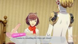 3d_(artwork) aigis_(persona) before_sex brow brown_eyes brown_hair bunnxarts clothes clothes_on dialogue_box grabbing_dildo helping holding_dildo kotone_shiomi persona persona_3 robot robot_girl text yellow_hair