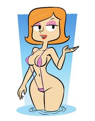 black_eyes blush breasts debbie_turnbull debs_turnbull eyelashes female_only lhk makeup one-piece_swimsuit orange_hair pink_bikini red_lipstick robotboy water