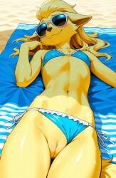1girls 2026 ai_generated anthro beach bikini bikini_bottom_aside blushing exposed_pussy female female_only flat_chest generation_1_pokemon hi_res innie_pussy laying_down laying_on_back ninetales nintendo on_back on_towel outdoors pokemon pokemon_(species) pussy smile sunglasses towel yellow_fur zonoya_(artist)
