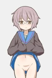 brown_eyes cardigan expressionless female female glasses grey_hair looking_at_viewer nagato_yuki navel no_panties pussy rountain school_uniform shirt short_hair simple_background skirt skirt_lift sleeves_past_wrists solo suzumiya_haruhi_no_shoushitsu suzumiya_haruhi_no_yuuutsu uncensored white_background