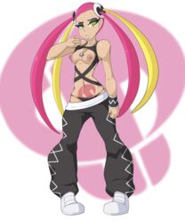 1girls bare_shoulders black_panties blonde_hair breasts breasts_out dark-skinned_female dark_skin eyeshadow female hair_ornament human human_only kogal long_hair necklace nipple_piercing nipples panties pink_hair plumeria_(pokemon) pokemon pokemon_sm scikosis solo tattoo team_skull tied_hair twintails two_tone_hair underwear yellow_eyes