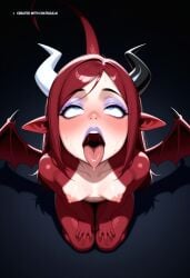 2d ahegao_face ai_assisted ai_generated black_eyebrows black_horn cartoon dark_blue_eyes detailed_background detailed_face dragon_wings feral furry_female high_angle huge_eyes long_hair long_tail naked petite_breasts purple_eyeshadow red_scales red_tail small_breasts visible_breasts visible_nipples white_horn