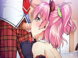 2boys aogiri_penta blue_eyes blush cat_ears censored crossdressing cum cum_in_mouth depth_of_field elbow_gloves facial fake_animal_ears fellatio femboy game_cg gloves hair_ornament indoors josou_gakuen_(you) male male_only mosaic_censoring multiple_boys nagahisa_chiharu no~strike_(circle) oral penis pink_hair profile scrunchie short_hair trap yaoi