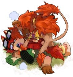 2boys anal anal_penetration anal_sex bangs blush dark-skinned_male gadget_the_wolf glasses grass lion_tail on_back orange_eyes original_character pinklilim pinned_down poncho ponytail red_fur red_hair scar_across_eye scar_on_face sonic_(series) sonic_forces sonic_oc sonic_the_hedgehog_(series) steamy_breath sweat sweatdrop sweating tagme_(character) veiny_penis visible_breath yaoi