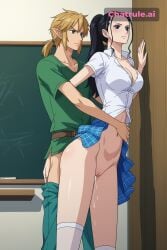 1girl against_wall ai_assisted ai_generated chalkboard checkered_skirt doggy_style doggy_style_sex dripping_pussy facing_forward forced from_behind hand_on_back hand_on_neck head_turned looking_away looking_away_from_viewer looking_forward midriff navel nico_robin no_panties one_piece petite_girl plaid_skirt ponytail pressed_against_wall