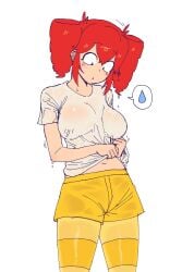 1female 1girl 1girls 2d 2d_(artwork) 2d_artwork big_breasts birdbrain_(synthesizer_v) boobs breast_outline breasts dochi_pi drill_hair drying_clothes female female_focus female_only kasane_teto large_breasts light-skinned_female light_skin looking_down red_hair simple_background striped_thighhighs synthesizer_v tits twin_drills twindrills utau utauloid waterdrops wet wet_clothes wet_shirt white_background white_shirt yellow_shorts yellow_thighhighs