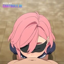 1girl ai_assisted ai_generated balls_deep deep deepthroat dominated facing_viewer hair_between_eyes hands_behind_back high_quality highres light_pink_hair petite_body pov red_eyes ripped_clothes sitting_on_knees skinny small_breasts small_tits thick_eyebrows tiny_tits young