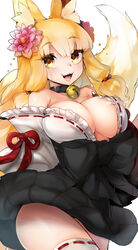 animal_ears areola_slip areolae bare_shoulders bell bell_collar blonde_hair breasts brown_eyes collar fangs female female_only flower fox_ears fox_tail hair_flower hair_ornament horny long_hair naso4 original raised_eyebrows simple_background skirt smile solo tail thighhighs thighs white_background white_legwear