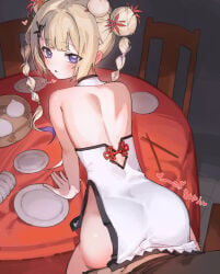 1boy 1girls absurdres amanogawa_shiina arm_support ass bent_over black_shirt braid breasts center-flap_bangs chinese_clothes chocosong chopsticks colored_inner_hair commentary_request commission doggy_style double-parted_bangs double_bun dress from_behind grey_hair hair_bun hair_ornament hairclip heart heart-shaped_pupils heart_in_eye high_resolution highres implied_sex indoors leaning leaning_forward long_hair looking_at_viewer looking_back multicolored_hair open_mouth penetration phase_connect pixiv_commission plate pov purple_eyes purple_hair purple_streaks qipao sex sex_from_behind shirt short_dress sleeveless sleeveless_dress small_breasts solo_focus sound_effects standing_doggystyle streaked_hair symbol_in_eye table twin_braids virtual_youtuber white_dress