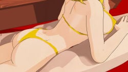 1boy 1girls bikini bikini_bottom bikini_top blonde_female blonde_hair half-dressed half_naked half_naked_female kallenz long_hair long_hair_female nude_male ponytail rwby yang_xiao_long