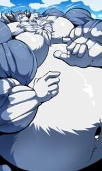 anthro bara barazoku belly big_belly bobert furry hyper lycanroc male male_only muscles muscular nintendo overweight pokemon solo solo_male