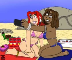 2girls beach beach_background beach_towel beer bikini bikini_bottom bikini_top blue_bikini brown_hair brown_hair_female brown_skin brown_skinned_female caucasian caucasian_female dopeisnukat dreadlocks feet females females_only gold_anklet gold_jewelry gold_rings nose_ring original original_character original_characters pink_eyes red_bikini red_hair red_hair_female silver_armlet silver_bracelet taking_selfie toe_ring toes turtle