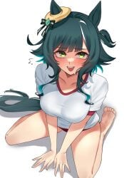 0ha 1girl barefoot blush collarbone gym_clothes gym_shirt horse_ears horse_girl horse_tail kiseki_(umamusume) large_breasts looking_at_viewer open_mouth red_buruma revision short_hair smile solo toes umamusume umamusume_pretty_derby wariza white_shirt xkittyzx