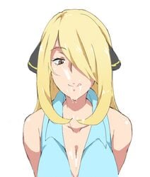 1girls alternate_eye_color animated bare_shoulders big_breasts blonde_hair breasts brown_eyes cleavage closed_eyes closed_mouth clothed cum cum_in_mouth cum_on_breasts cum_on_face cynthia_(pokemon) ejaculation eyelashes facial female female_only hair_over_one_eye human large_breasts licking_lips long_hair nintendo open_mouth pokemon pokemon_dppt shirt smile solo straight teeth tongue tongue_out wet white_background wigglytuff_(pokeacc)