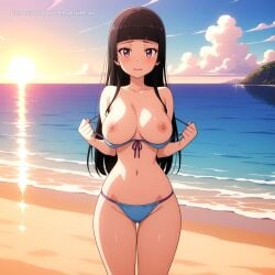 1girl ai_assisted ai_generated anime_screencap bare_shoulders bashful beach bikini black_hair blue_sky blush blushing collarbone colorful contrast curvaceous curvy daytime detailed_face dramatic_lighting eyelashes full_breasts highly_detailed hime_cut hourglass_figure large_breasts lips long_hair looking_at_viewer loose_bikini motion_lines multicolored_eyes naked narrow_waist nipples oversized_breasts parted_lips rory_mercury round_breasts sand sea short_girl shortstack shy soft_breasts soft_thighs spherical_breasts sun thick_thighs top_heavy undressing