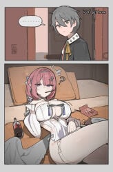 1boy 1girls asking_for_it asking_for_sex azz0422 bed bedroom big_breasts color drawing drink exhausted fat_ass feathered_wings feathers gray_hair mihoyo pink_hair pokies remielle_dan short_hair thick_thighs thiren waiting waiting_for_sex wings wise_(zenless_zone_zero) zenless_zone_zero