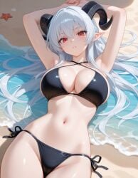 ai_generated bikini black_bikini boobs breasts demon_girl female halterneck horns multi-strapped_bikini red_eyes roselynn_rosenthal sexy silver_hair string_bikini tits white_hair