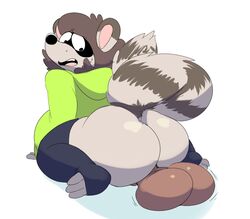 1boy 2016 anthro ass balls big_balls black_skin bottomless clothed clothing fur goonsey goonsey_(artist) hair huge_balls legwear male male_only mammal open_mouth raccoon simple_background sitting solo sweater thigh_highs